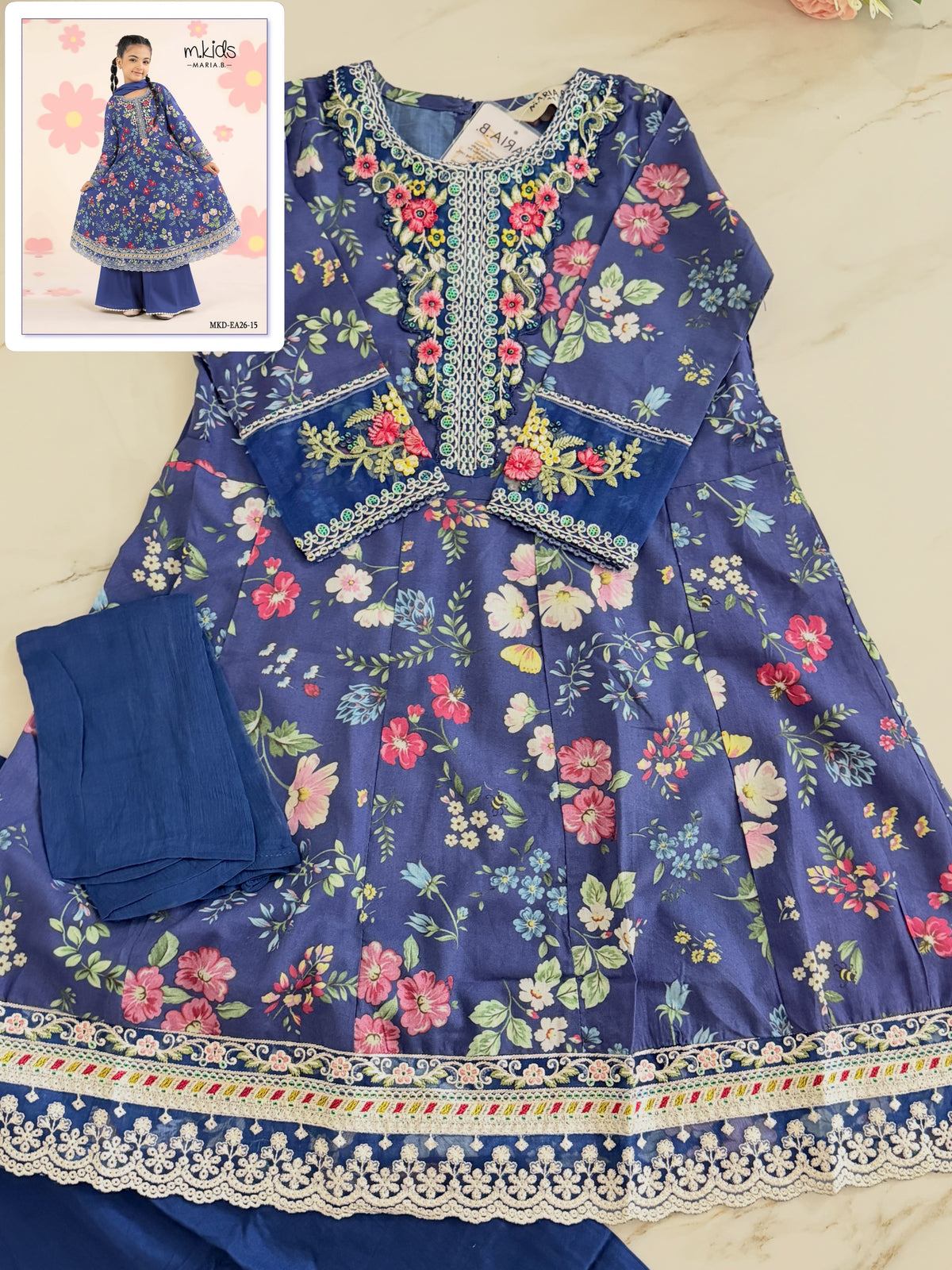 Maria B 3 Piece Embroidered Lawn frock MKD-26-15-Blue)