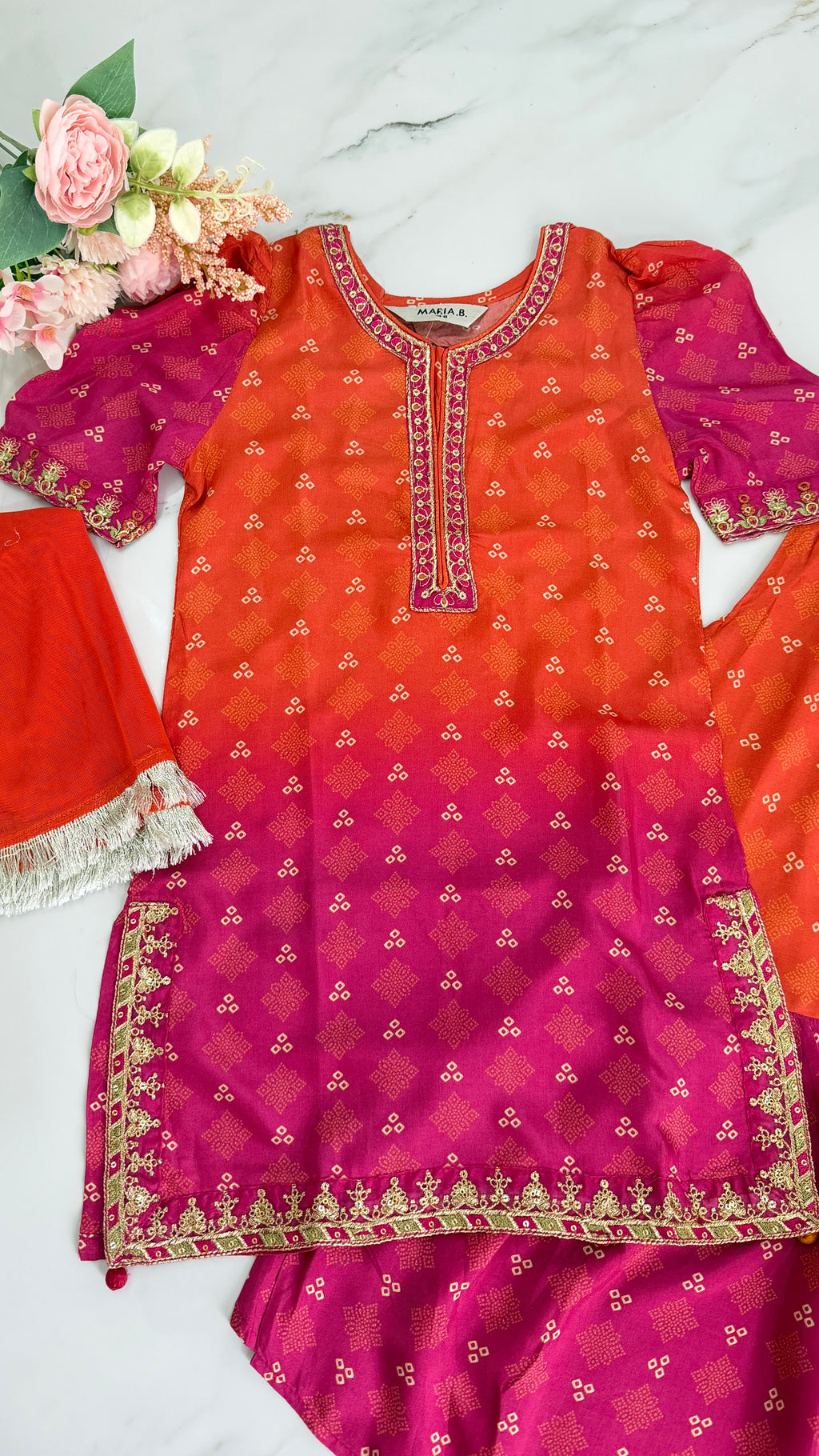 Maria B. pink and orange chunri-print gharara set. MKD-EA25-18