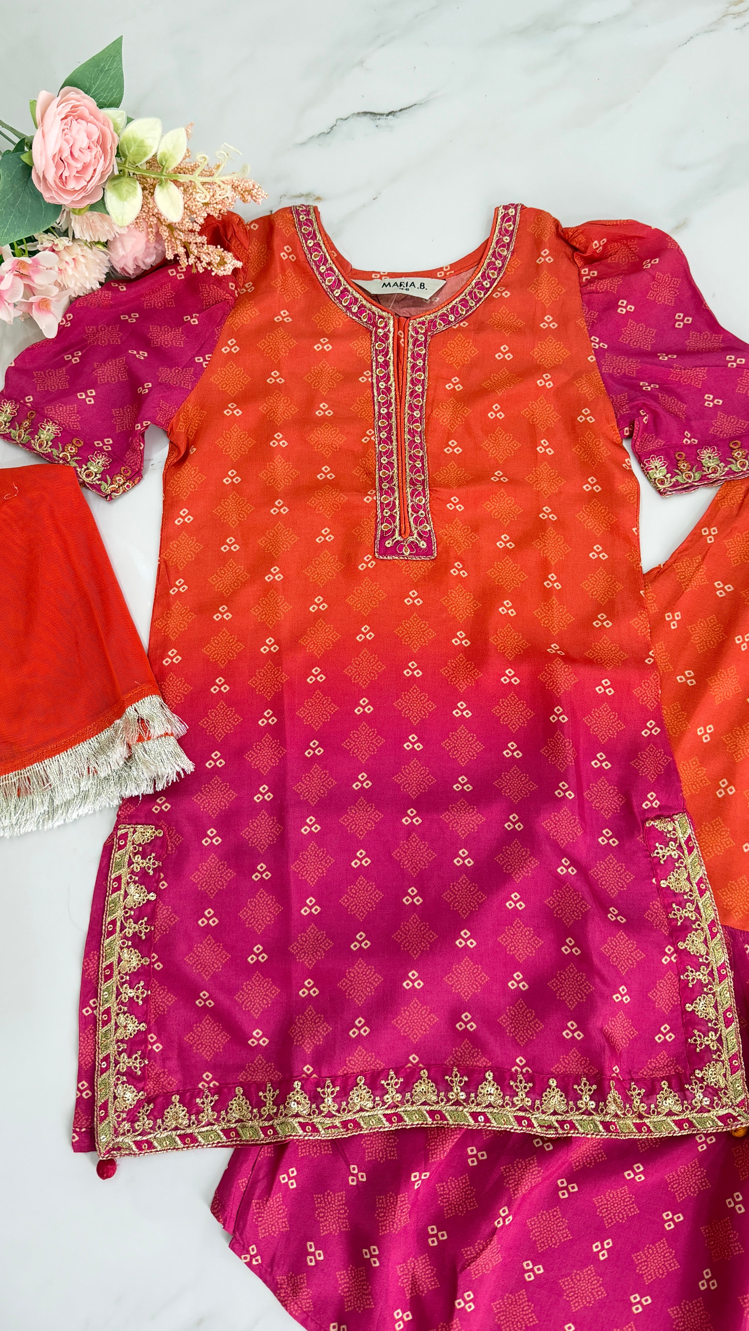 Maria B. pink and orange chunri-print gharara set. MKD-EA25-18