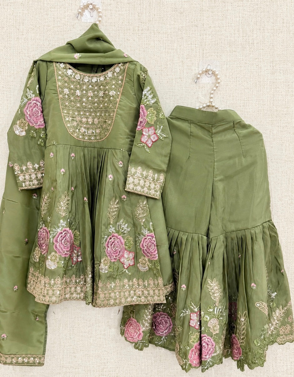 Olive Floral Sharara Set