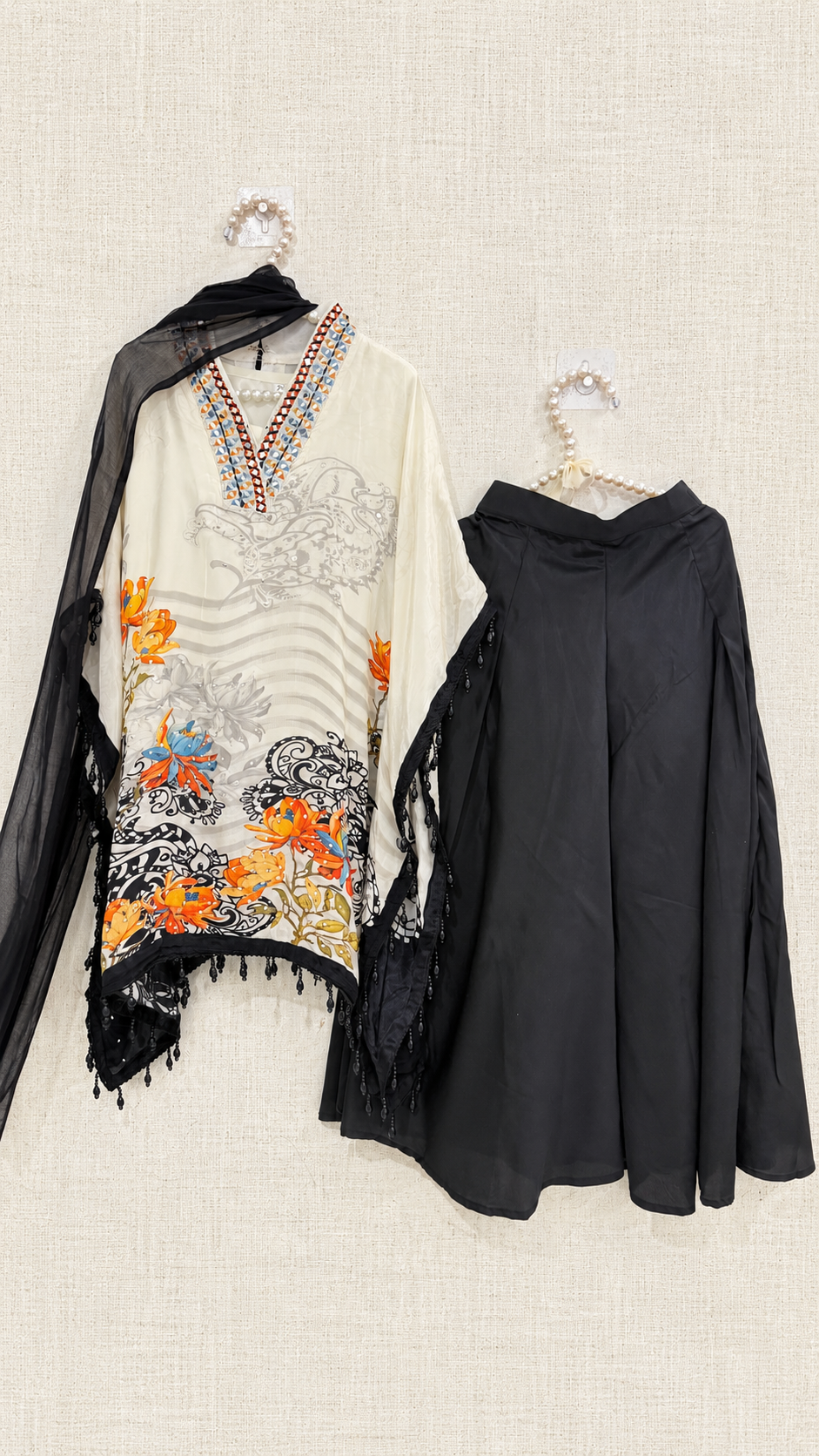 Elegant Pakistani Style Kaftan Set with Flared Palazzo & Dupatta