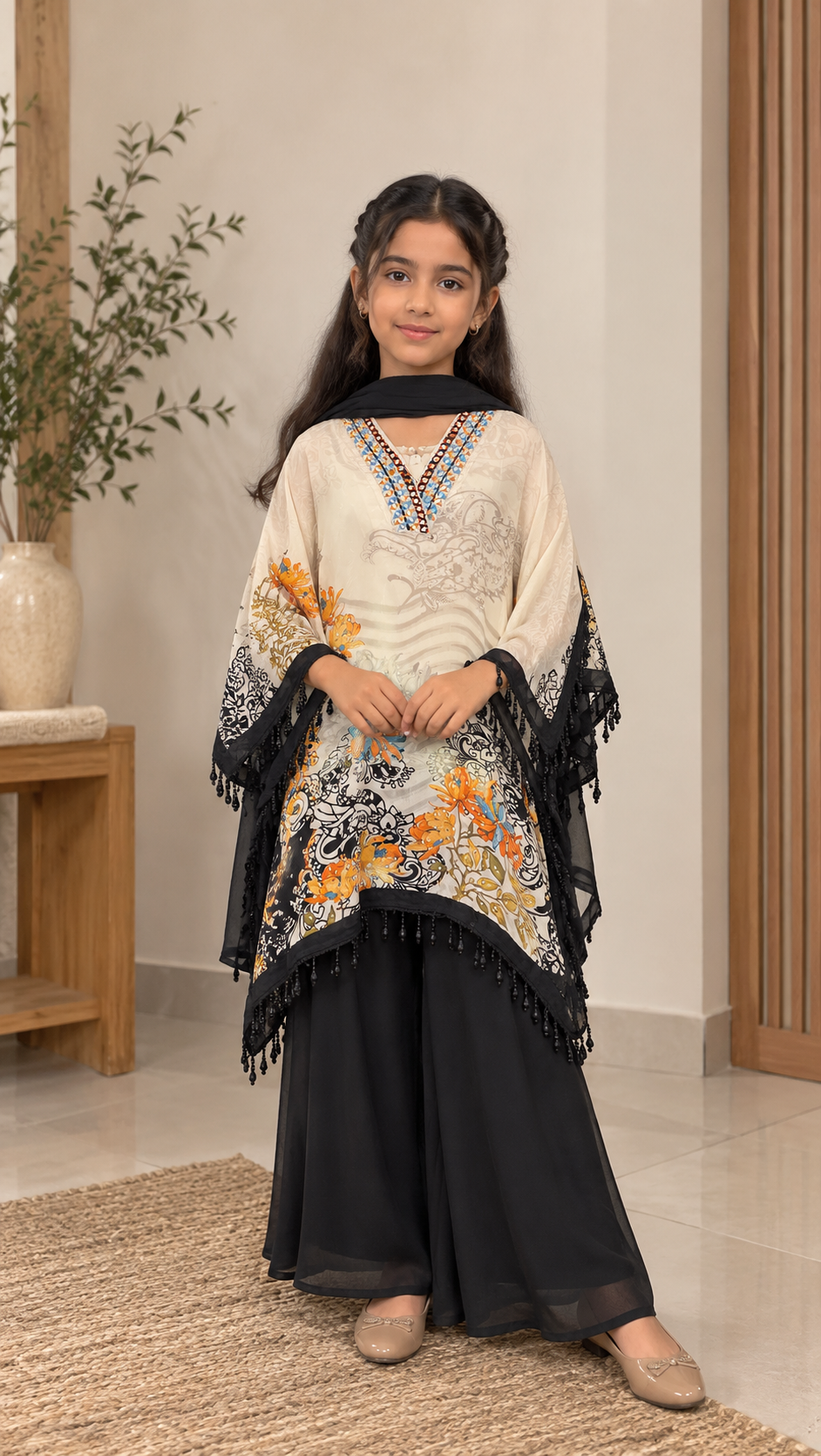 Elegant Pakistani Style Kaftan Set with Flared Palazzo & Dupatta