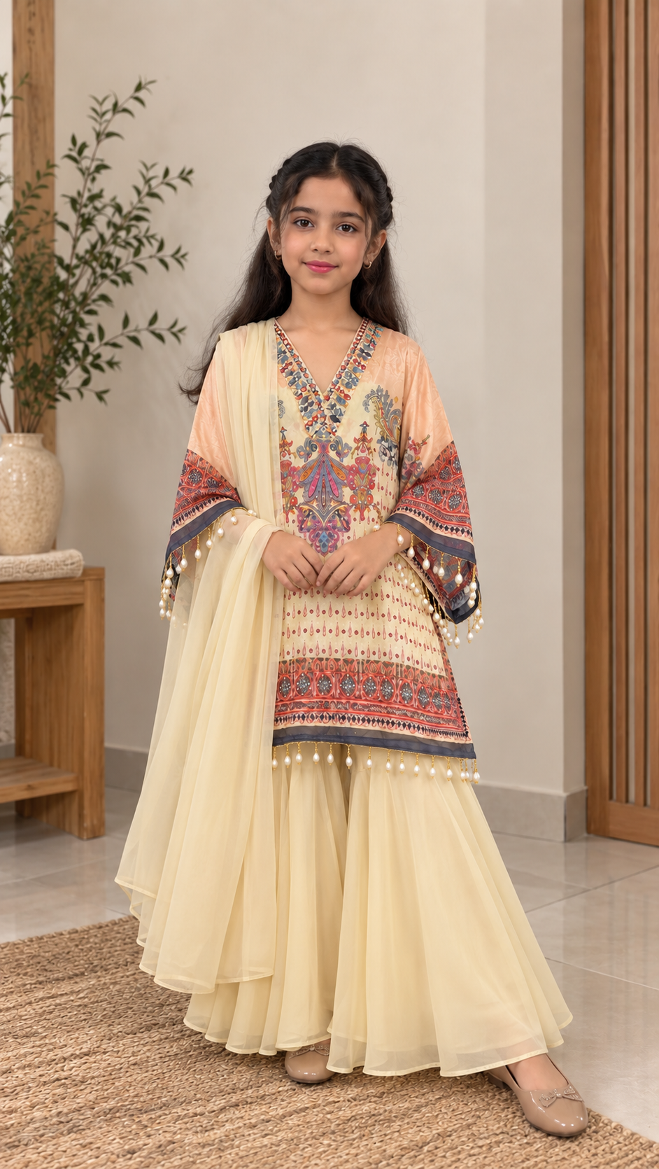 Elegant Pakistani Style Kaftan Set with Flared Palazzo & Dupatta