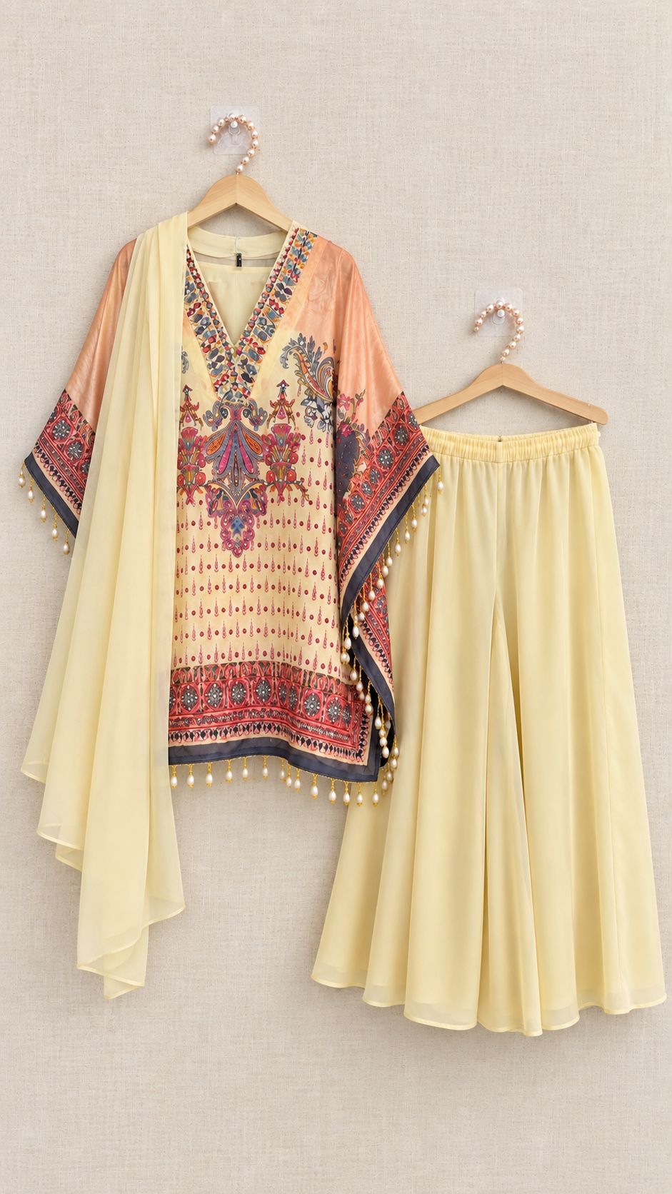 Elegant Pakistani Style Kaftan Set with Flared Palazzo & Dupatta
