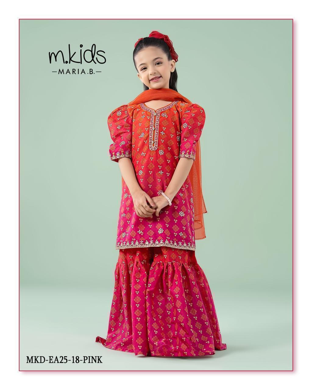 Maria B. pink and orange chunri-print gharara set. MKD-EA25-18