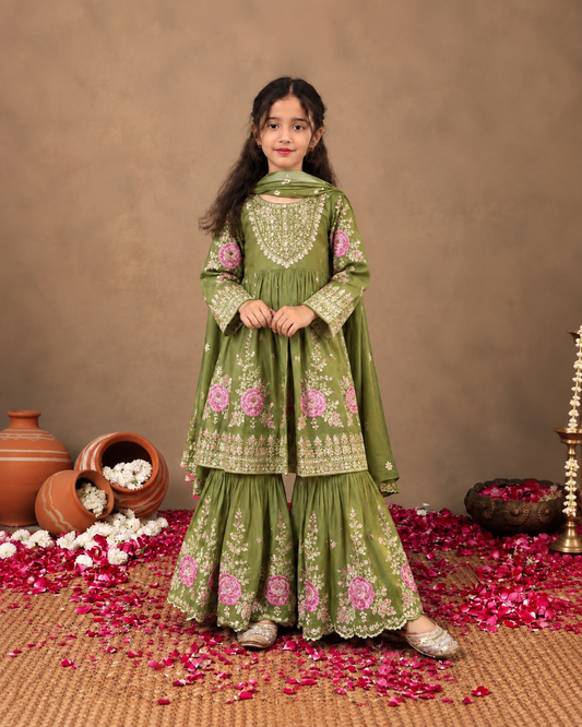 Olive Floral Sharara Set